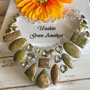 Unakite Green Amethyst Necklace Handmade Gemstone Large 925 Silver Bohemian New!